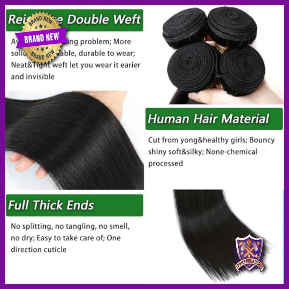 4 Straight Human Hair Bundles 18-24 Inch Brazilian Virgin Hair Extensions - Picture 2 of 6